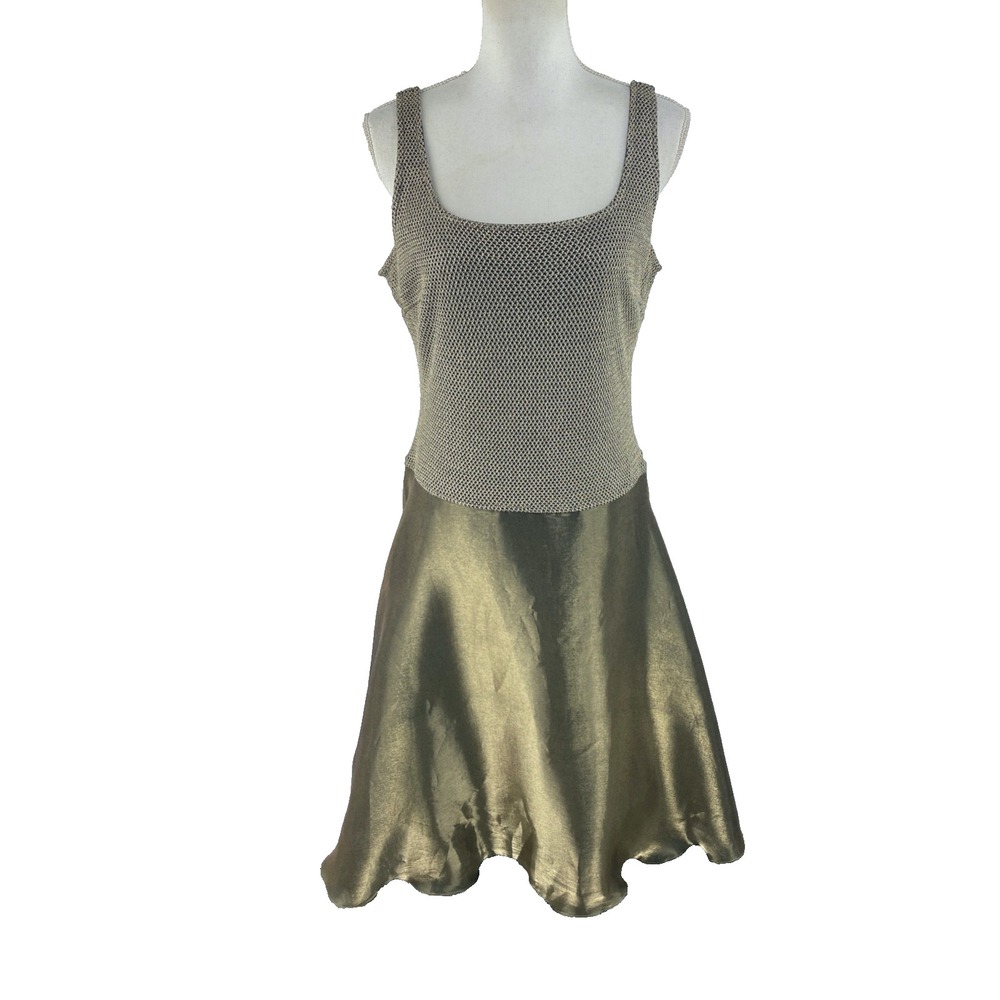 Cache Vtg 90s Tank Sleeveless Fit to Flare Metallic Gold Tulle Dress Womens 10